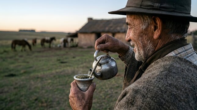 Elderly man in a rural setting pouring yerba mate into a traditional cup with horses and a house in the background at sunset.