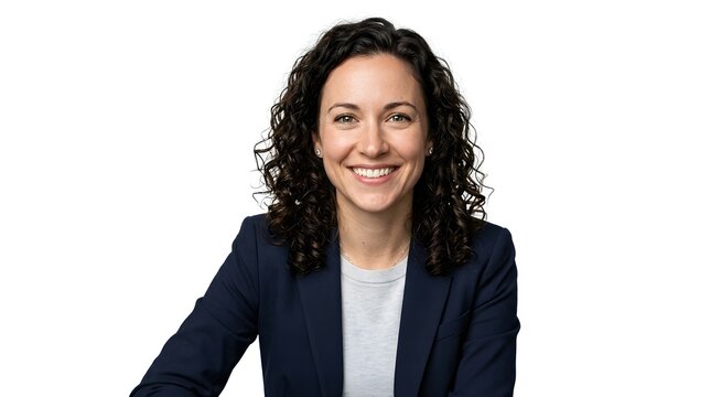 Smiling businesswoman with curly brown hair wearing a navy blazer and gray shirt looking directly at the camera with a friendly expression on her face.