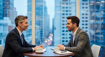 Fototapeta premium Business professionals discussing strategy in modern office with city skyline view