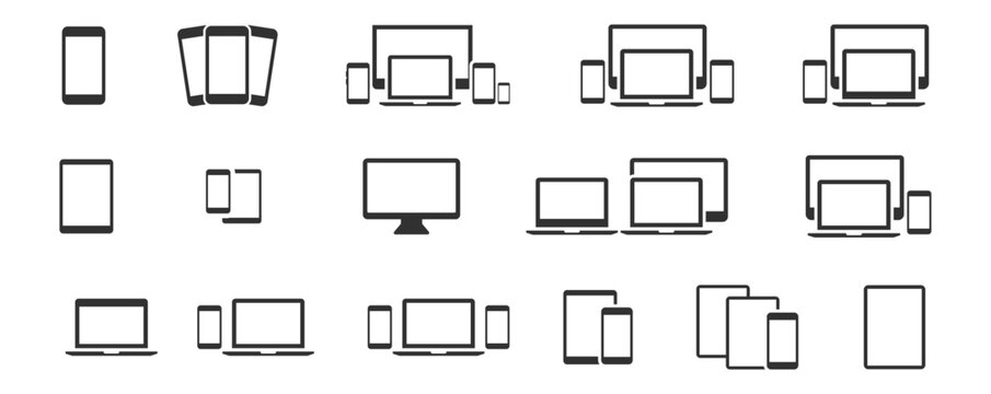 Vector image set of device icons. digital display, desktop, computer, laptop, smartphone screen simple black style symbol sign for apps and website, vector illustration