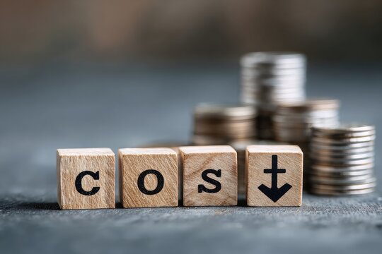 Wooden blocks spell "cost" with a down arrow beside it, with coins stacked behind