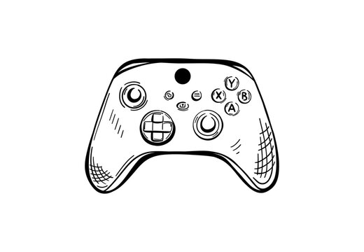 Game controller in vector outline, coloring book illustration and gaming logo icon
