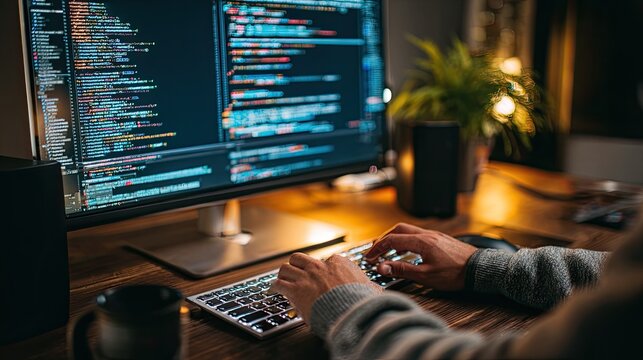 Person's hands typing code on a keyboard in a dimly lit room