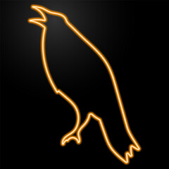 Fototapeta premium Neon crow icon glowing in warm orange on a dark background. Bird silhouette symbol representing wildlife.