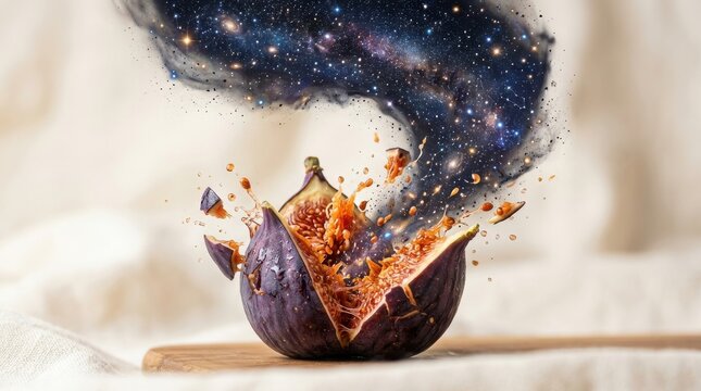 Fresh fig exploding with cosmic galaxy nebula energy