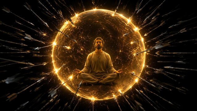 A peaceful person protected by a glowing golden sphere deflecting dark iron arrows, a visual metaphor for setting strict boundaries and mental peace.