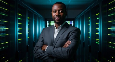 Fototapeta premium Confident businessman standing with arms crossed in modern data center server room