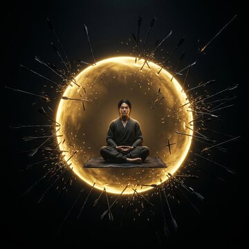 A peaceful person protected by a glowing golden sphere deflecting dark iron arrows, a visual metaphor for setting strict boundaries and mental peace.