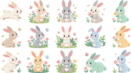 Cute Bunny Rabbit Cartoon Character Vector Sticker Set Featuring Spring Flowers Butterflies and Various Colorful Easter Poses for Children Graphic Designs © Najir