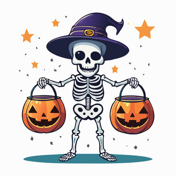 Cartoon Skeleton Holding Halloween Pumpkin Candy Buckets