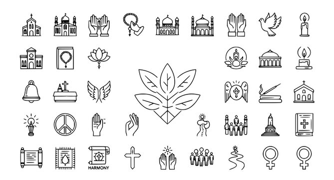 Religious Faith and Spiritual Worship Outline Icons Modern Vector Set