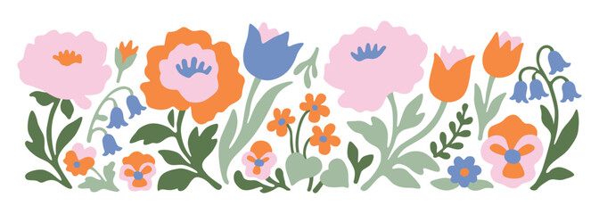 Obraz premium Simple naive flowers set. Collection of summer or spring flora. Stickers plants and flowers. Cute color palette. Set of beautiful bloom, Peony, bluebell in cartoon doodle modern style. Childish.