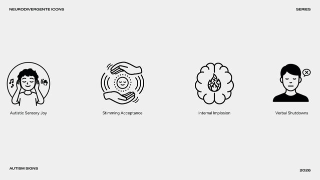 sensory sensitivity signs and autism icons collection, neurodivergent tactile and meltdown vector symbols, physical spectrum traits linear graphics