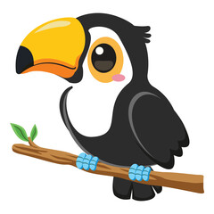 Obraz premium Cute toucan bird with a large yellow beak sitting on a branch