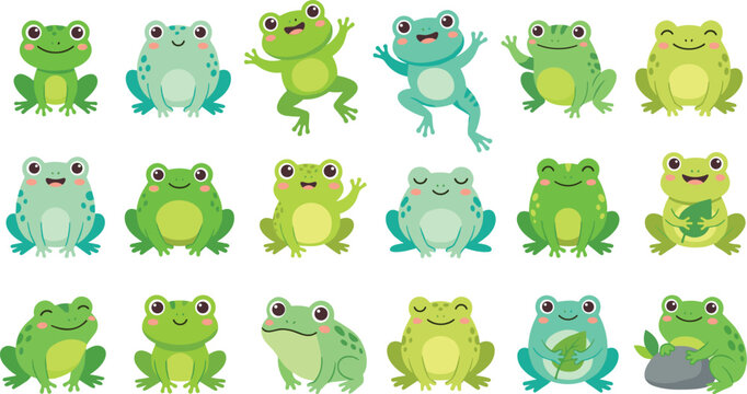 Cute Frog Cartoon Character Vector Sticker Set Featuring Various Poses Expressions Jumping and Sitting Elements for Kids Graphic and Nature Designs