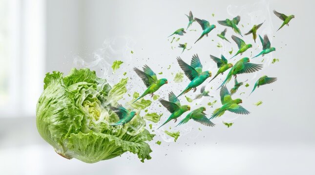 Green parakeets flying from a head of fresh iceberg lettuce