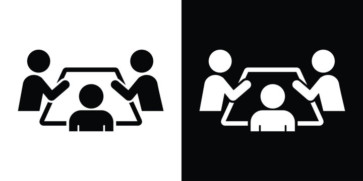 Boardroom conference meeting vector icon showing people collaborating around an open office desk layout.