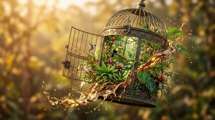 Fototapeta premium Open birdcage with tropical plants, liquid gold splash, and birds in nature