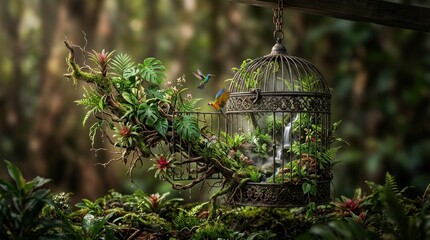 Fototapeta premium Decorative birdcage terrarium with tropical plants and birds in a forest