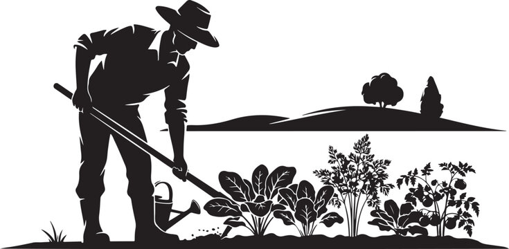 Black silhouette of man digging garden with hoe and farmer