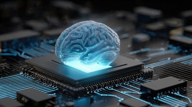 Glowing digital brain atop a futuristic computer processor