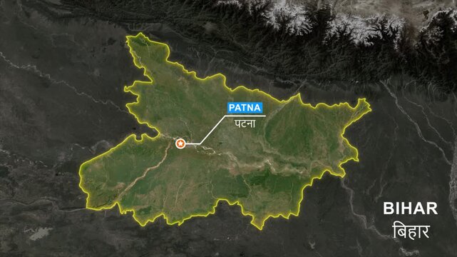 Bihar India State Map Animation with Patna Capital Location Marker, Satellite View, Glowing Border Outline, Geographic Political Map, GIS Navigation, Motion Graphics 4K