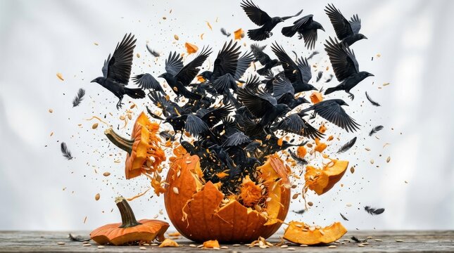 Black crows flying out of a smashed pumpkin