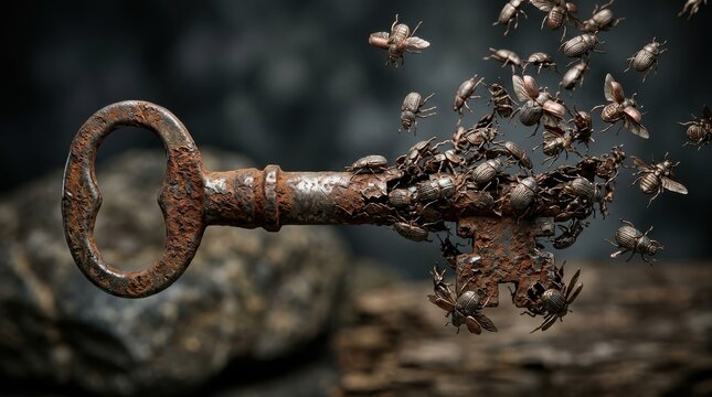 Old rusty key disintegrating into a swarm of beetles