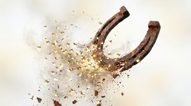 Rusty horseshoe disintegrating into glowing light particles