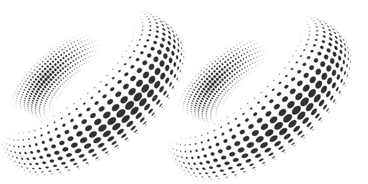 Set of dotted curved abstract shapes. Dotted pattern in halftone theme. Curved and twisted abstract gradients. Vector design element in black and white color.