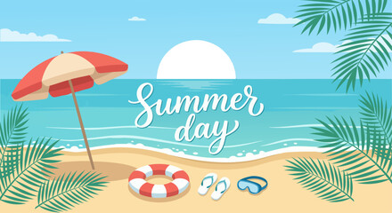 Beach Scene With Parasol And Accessories, Vector Illustration © MdDulal