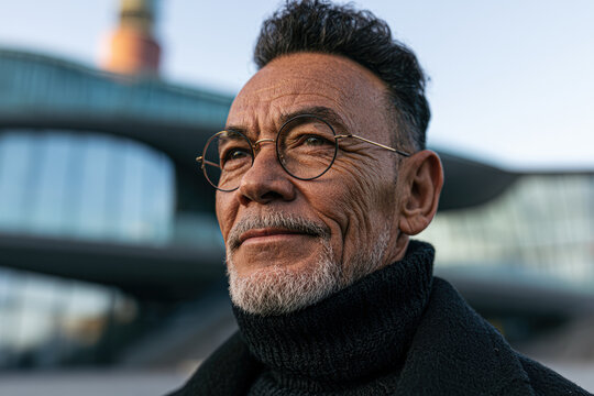 Older man with glasses and a beard wearing a turtleneck sweater and coat, standing outdoors with modern architecture in the background.