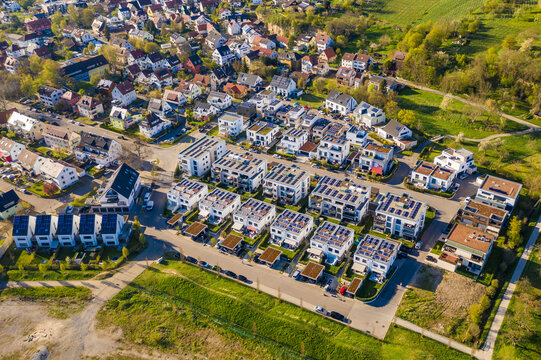Germany, Baden-Wurttemberg, Waiblingen, Aerial view of modern suburb with energy efficient single and multi family houses