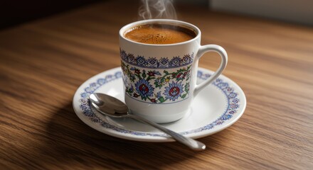Obraz premium Steaming cup of coffee on a saucer with spoon on wooden table indoors
