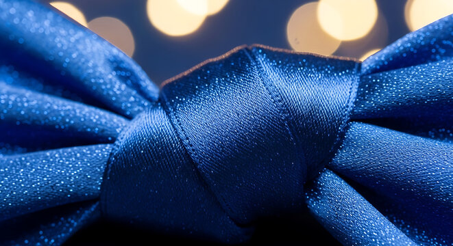 Close up of a blue satin bow tie with a blurred bokeh background