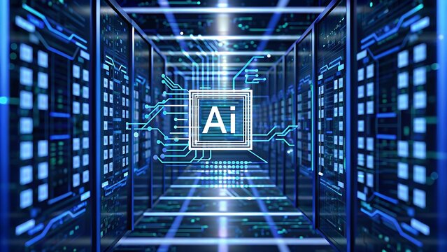 AI infrastructure. Servers in data center. Equipment for artificial intelligence. AI logo near computer equipment. Infrastructure for neural networks concept.3d image