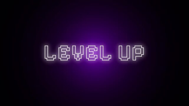 Level Up Neon Pixel Text Animation with Purple Glow on Dark Background 4k video animation seamless loop