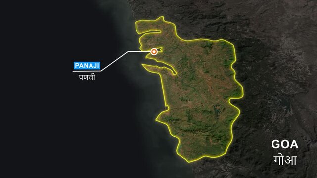 Goa state map highlight animation, Pointing the capital Panaji in a star marker and label text, Location Visualization, outline glowing, geographic and political map, futuristic video