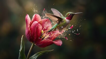 Fototapeta premium Hummingbird hovering at a vibrant red tulip flower