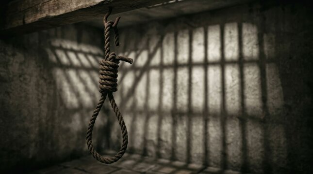 A noose hangs in a dark prison cell with bars casting shadows.