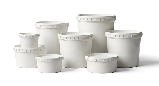 Group of empty white plastic buckets and food containers with lids for packaging and storage. plastic cottage cheese tubs