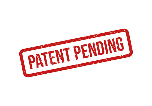 Red patent pending stamp with bold white text