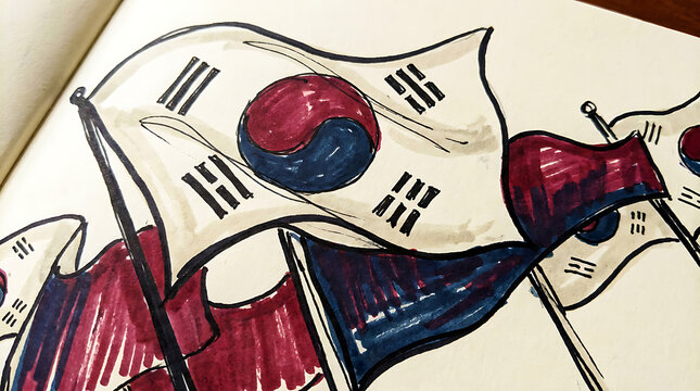 A vibrant illustration of multiple South Korean flags waving in a dynamic composition, rendered with bold marker strokes.
