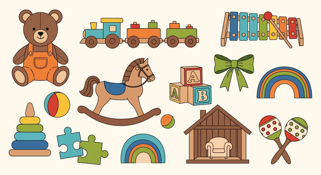 Colorful baby toys, nursery icons, vector illustrations, children's playset, educational graphics
