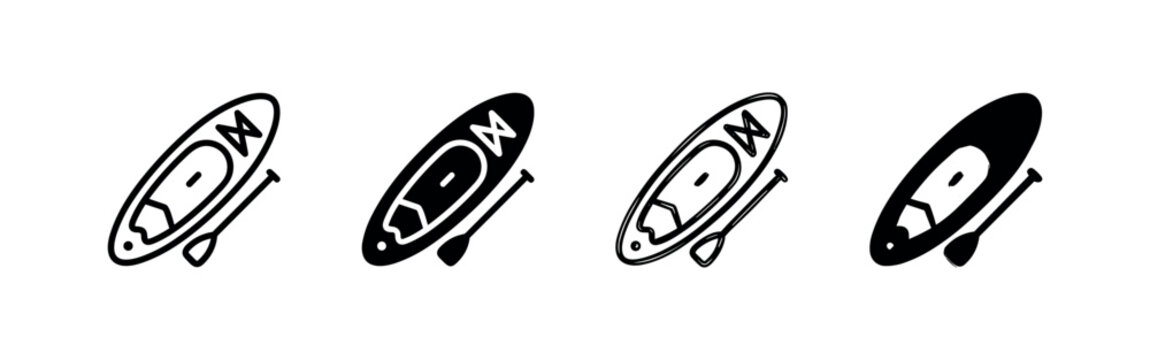 Stand-up paddleboard and paddle icon set, hand-drawn style, black and white variations