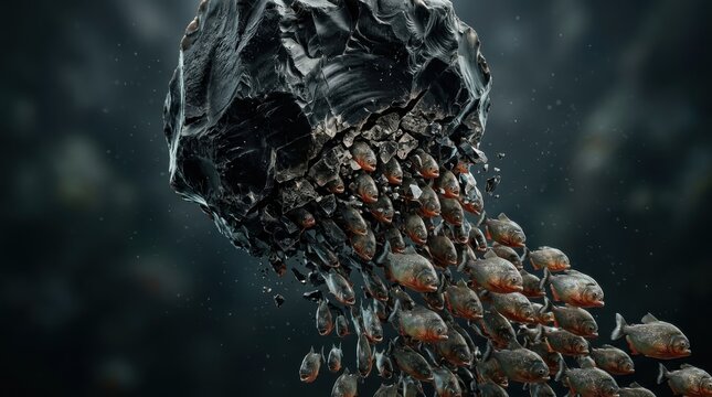School of piranhas emerging from dark volcanic stone rock formation