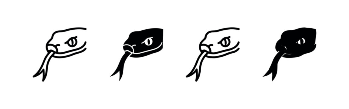 Snake head icon set, hand-drawn style, black and white variations