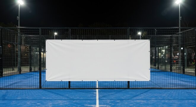 A large white billboard stands on a blue padel court at night.