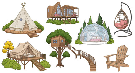 Treehouse, tent, glamping, outdoor, adventure, icons, 7 illustrations, camping, eco-lodge, resort, wooden, brown, green, travel, vacation, getaway, retreat, nature, scenery © Sydney
