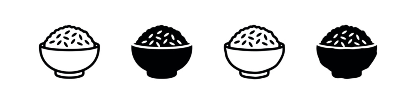 Rice Bowl Vector Icons Set: Outline and Filled Designs for Food and Cuisine
